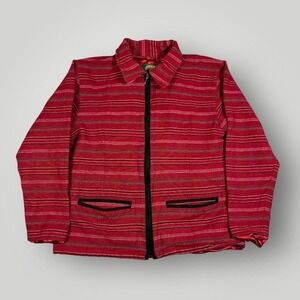 Cabelas Jacket Womens Medium Red Striped‎ Cotton Blend Lined Full Zip Casual